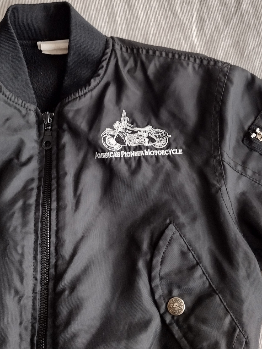 Vintage Kids Black Bomber Jacket "America's Pioneer Motorcycle"